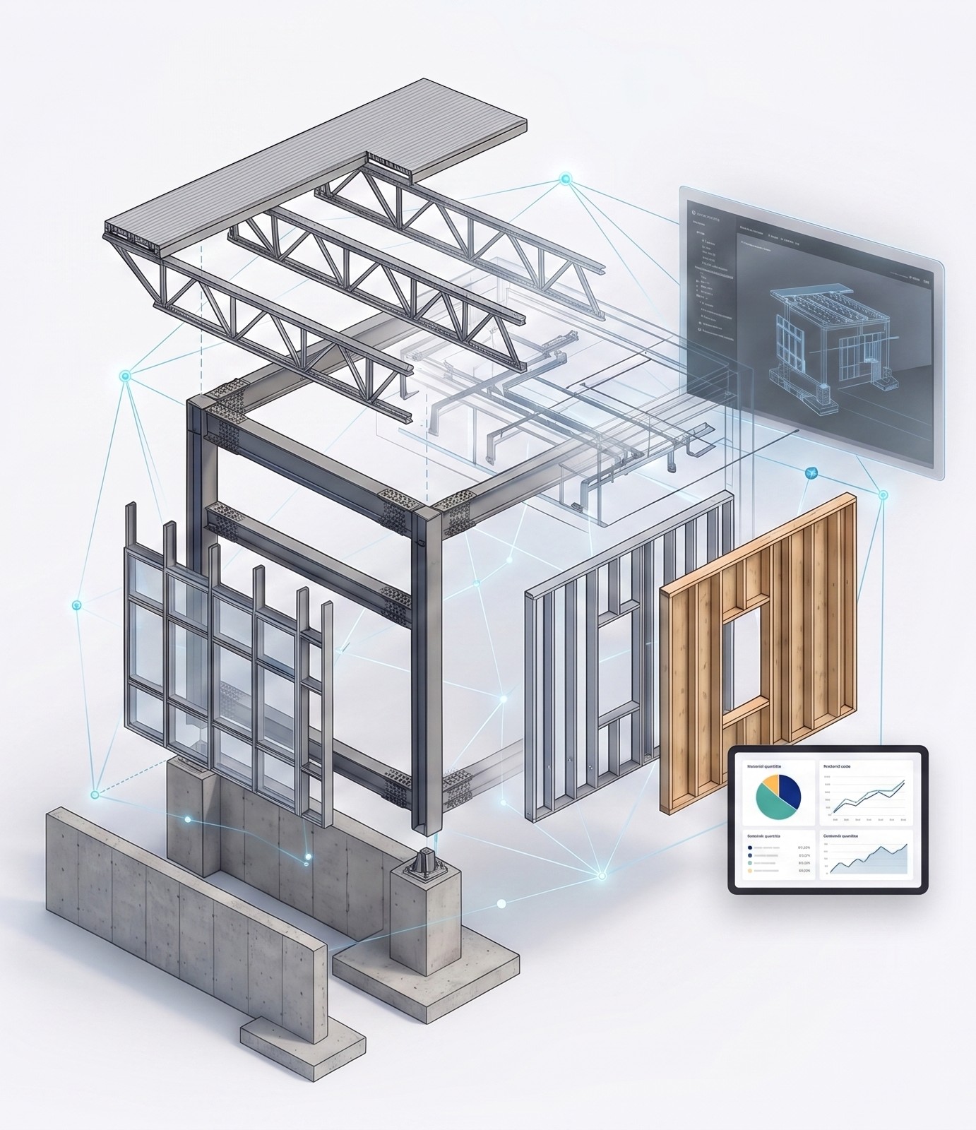 Exploded assembly — foundation, structural steel, curtain wall, cold-formed and wood panels, trusses and deck, with model and take-off views